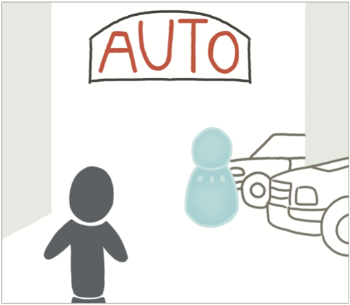Cartoon of a person at an auto shop with a robot
